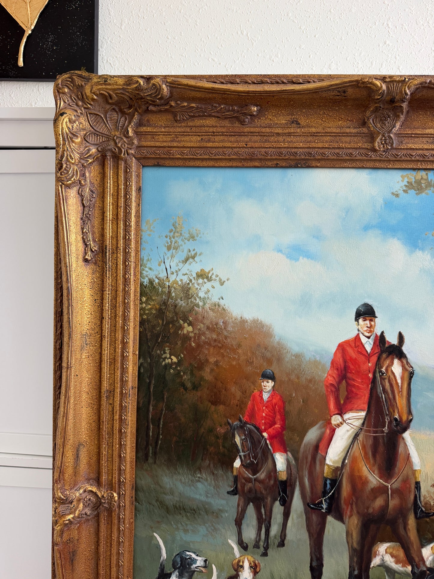 Fox Hunting Scene Oil Painting on Canvas Horses Hounds Equestrian Sporting Art