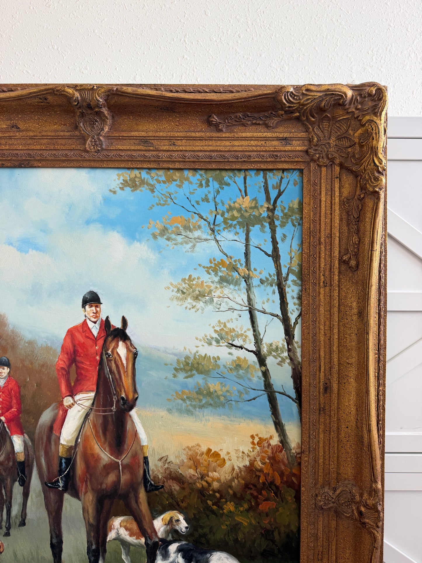 Fox Hunting Scene Oil Painting on Canvas Horses Hounds Equestrian Sporting Art