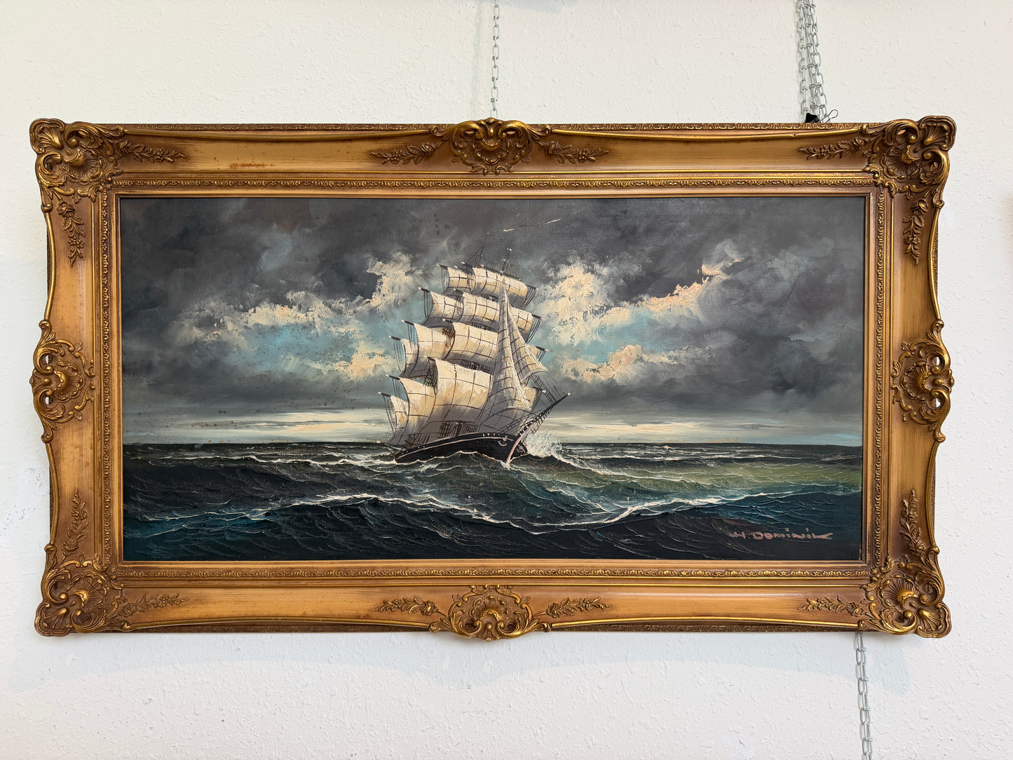 H Dominik Vintage Tall Ship Seascape Oil Painting Ornate Gold Frame Nautical Art
