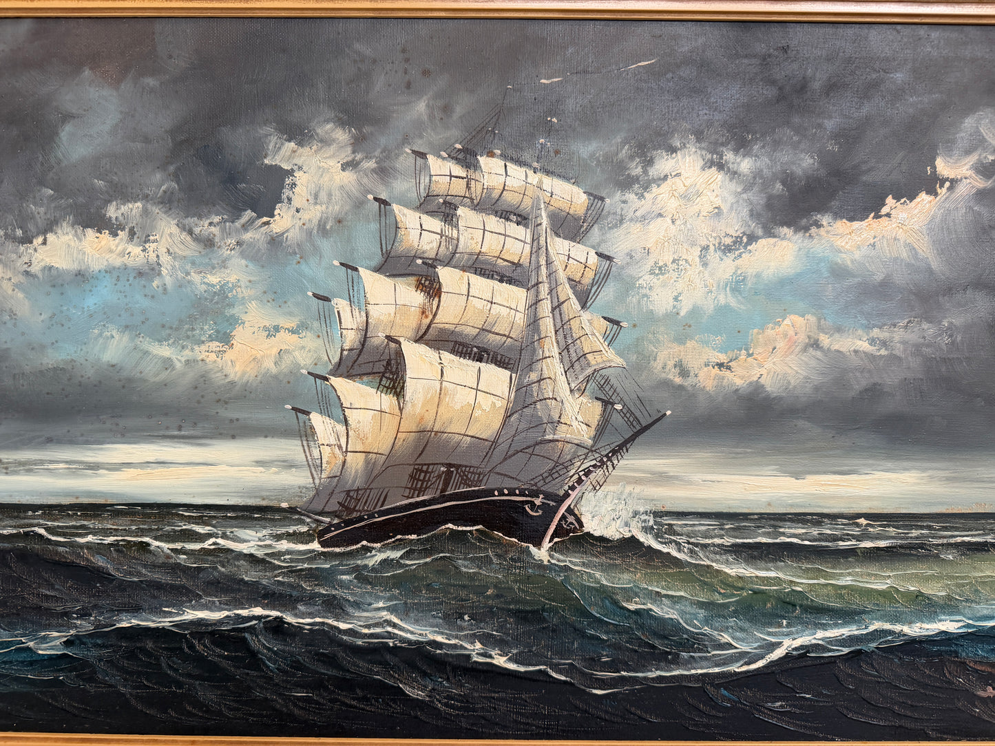 H Dominik Vintage Tall Ship Seascape Oil Painting Ornate Gold Frame Nautical Art
