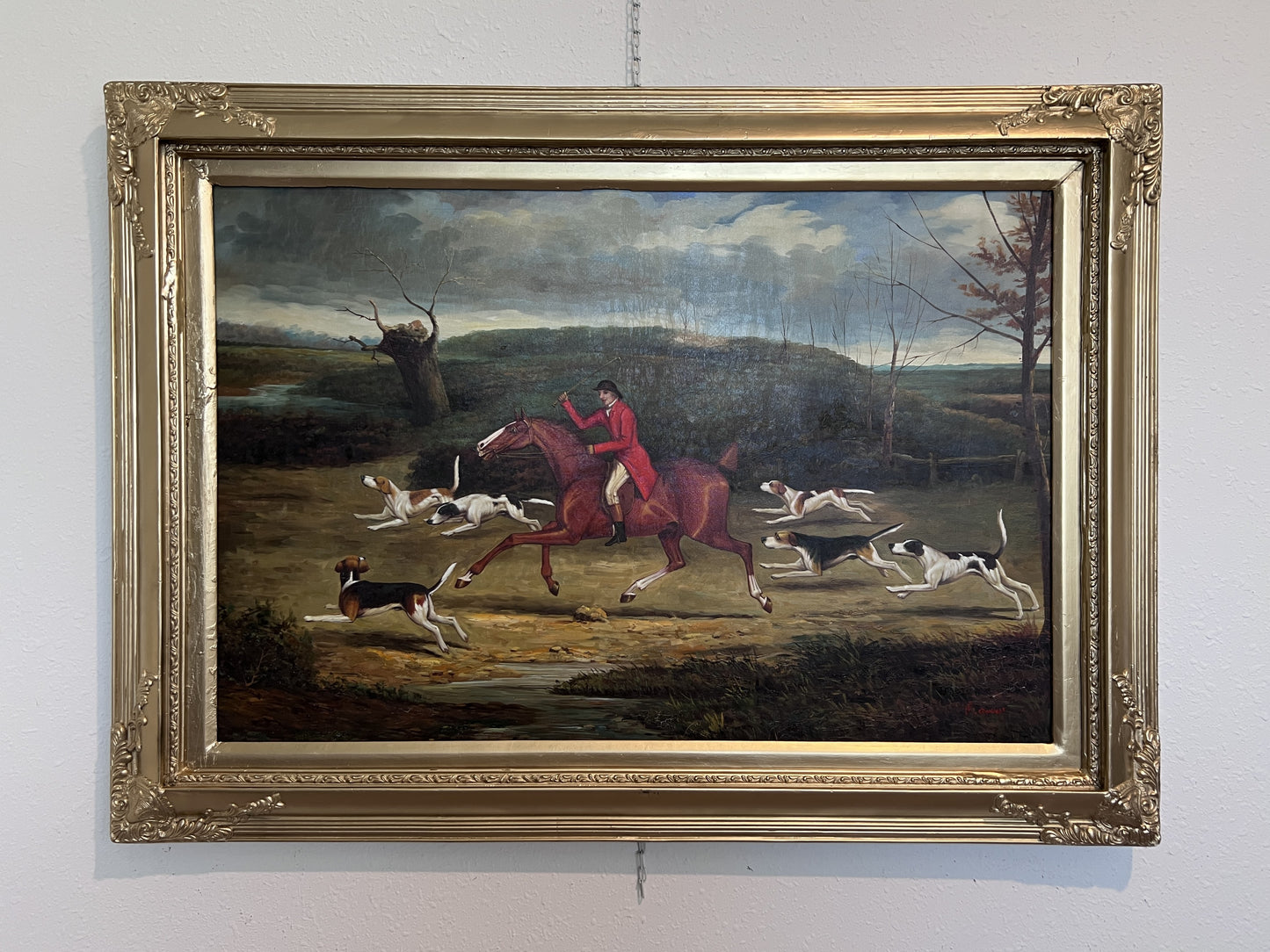English Fox Hunting Scene Horse Hounds Large Oil Painting by M.cDowell, Framed
