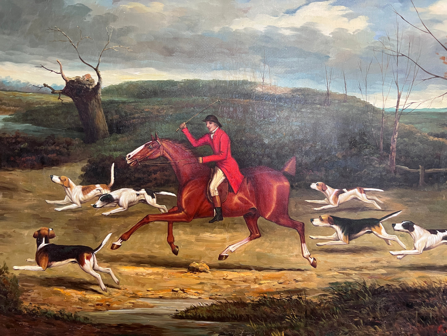 English Fox Hunting Scene Horse Hounds Large Oil Painting by M.cDowell, Framed