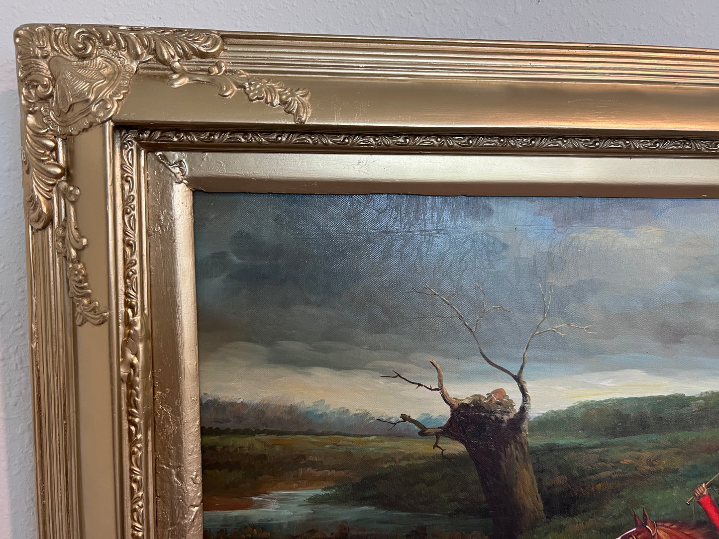 English Fox Hunting Scene Horse Hounds Large Oil Painting by M.cDowell, Framed