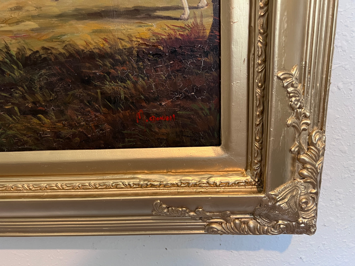 English Fox Hunting Scene Horse Hounds Large Oil Painting by M.cDowell, Framed