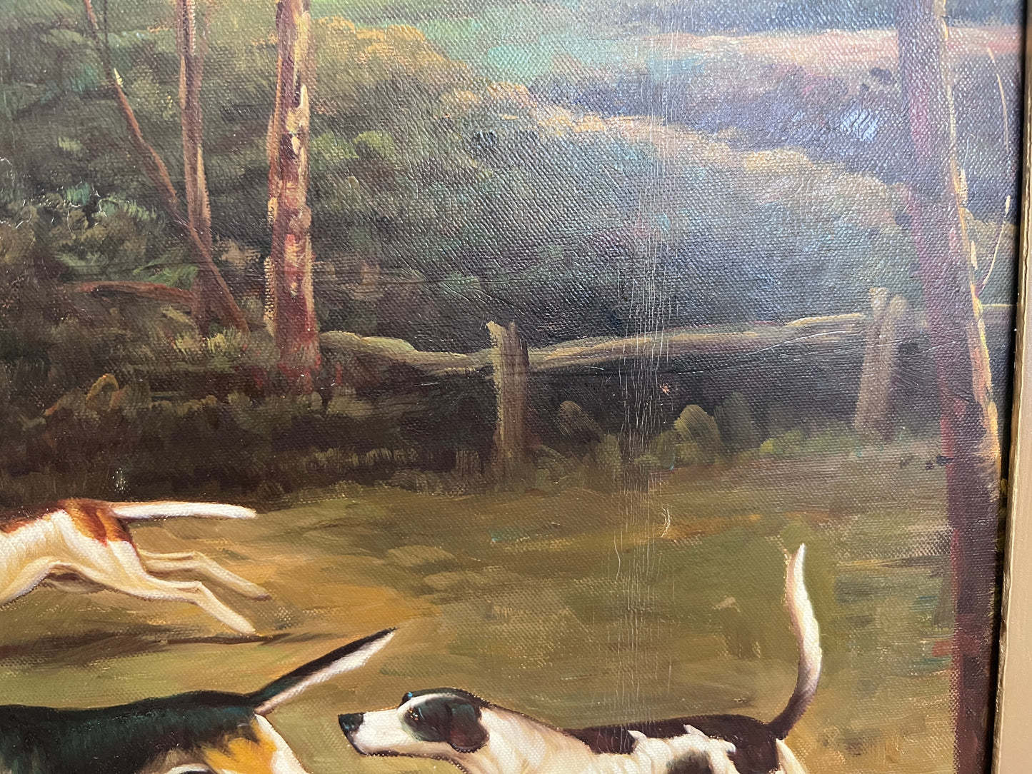 English Fox Hunting Scene Horse Hounds Large Oil Painting by M.cDowell, Framed