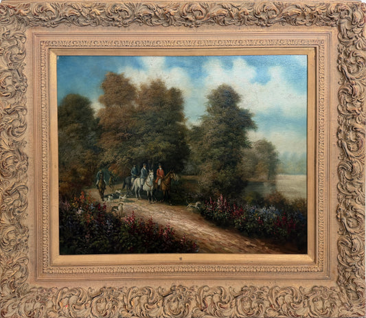 Vintage English Hunting Scene Oil Painting Horses Hounds Equestrian Sporting Art