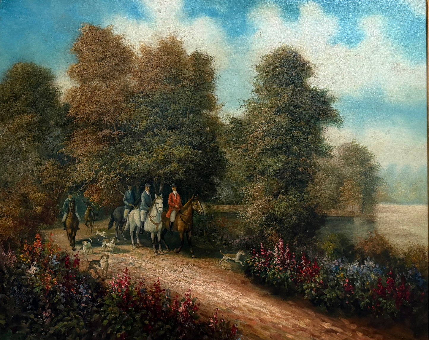 Vintage English Hunting Scene Oil Painting Horses Hounds Equestrian Sporting Art
