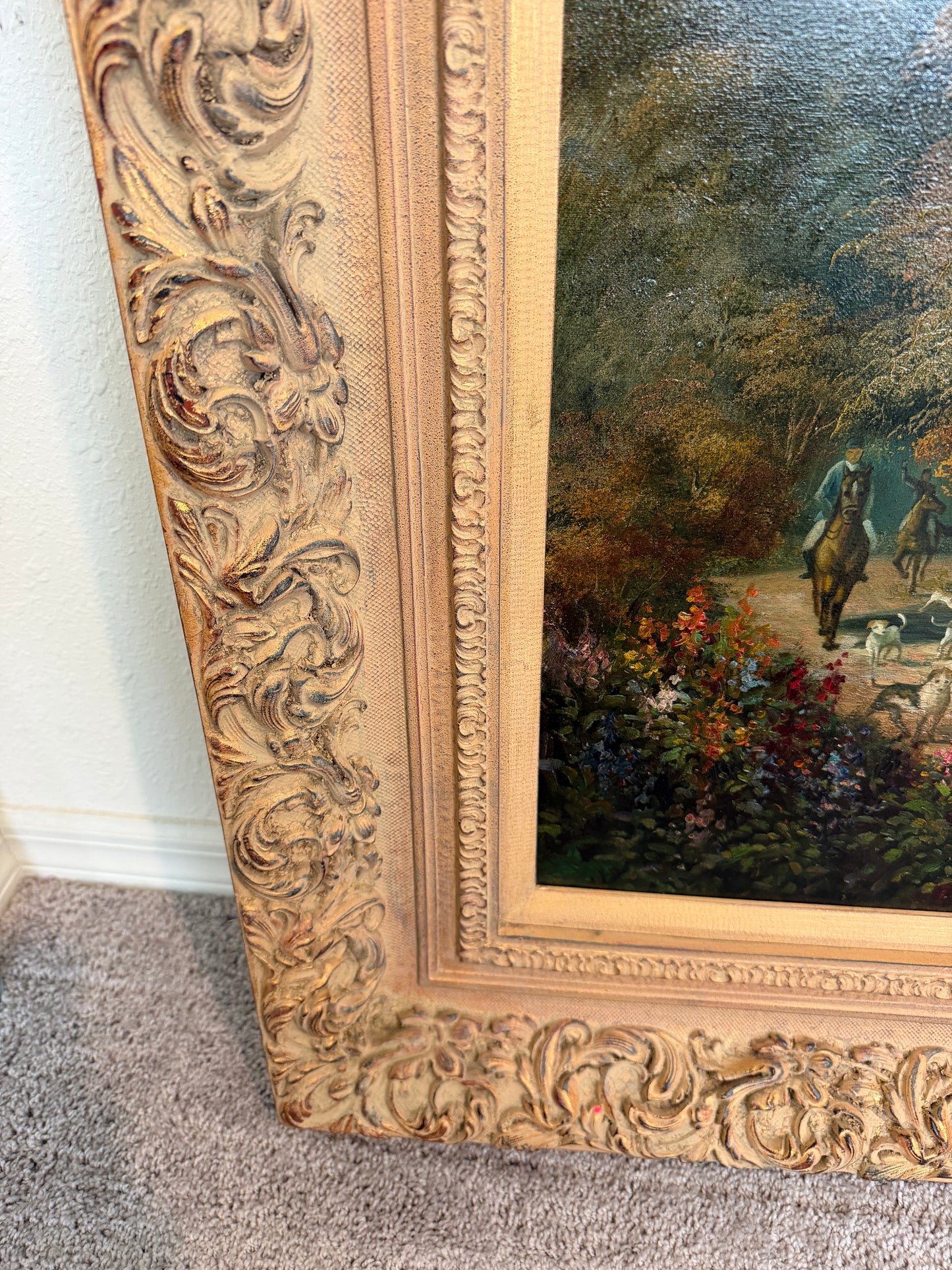 Vintage English Hunting Scene Oil Painting Horses Hounds Equestrian Sporting Art