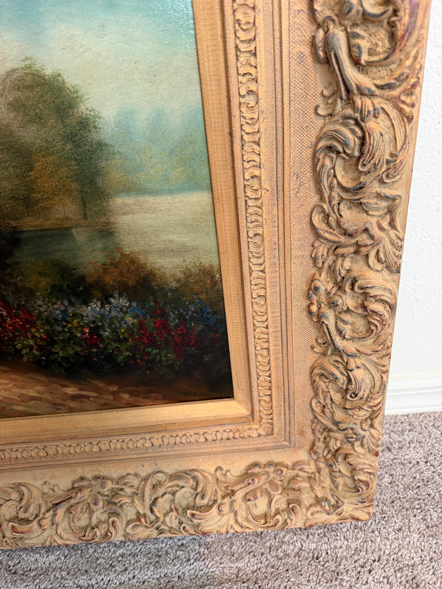 Vintage English Hunting Scene Oil Painting Horses Hounds Equestrian Sporting Art