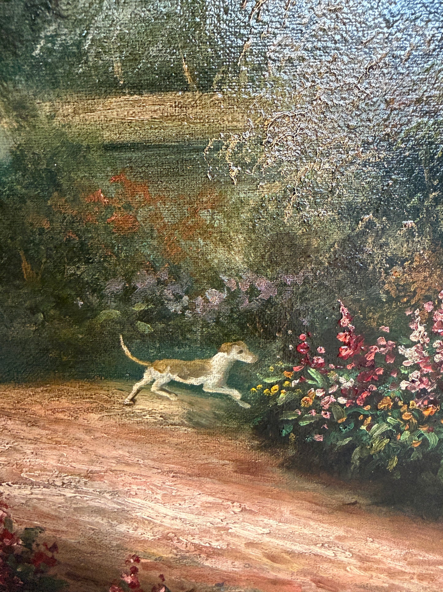 Vintage English Hunting Scene Oil Painting Horses Hounds Equestrian Sporting Art