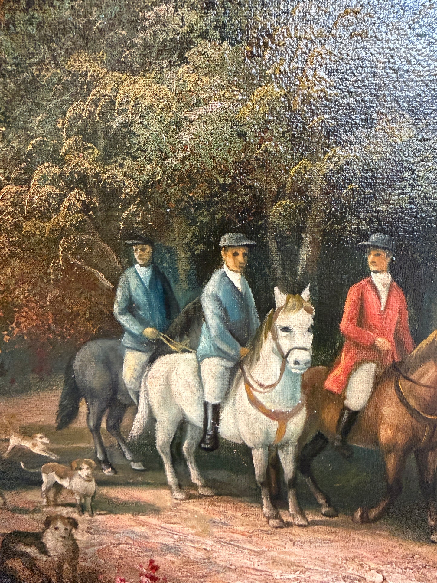 Vintage English Hunting Scene Oil Painting Horses Hounds Equestrian Sporting Art