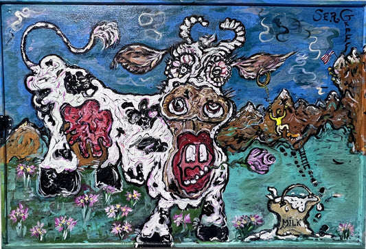 Original Painting on Board in Cartoon Style by S. Graff "Climber Saves Cow" COA