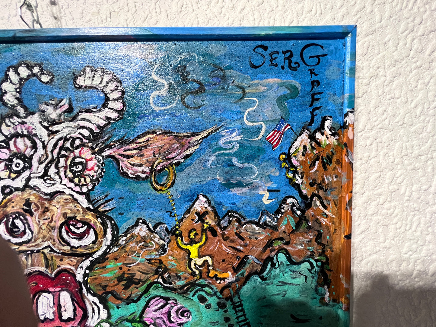 Original Painting on Board in Cartoon Style by S. Graff "Climber Saves Cow" COA