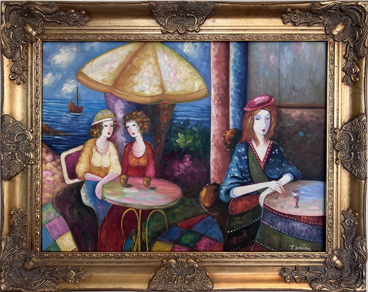 Seaside Café Scene – Figurative Impressionist Oil on canvas Signed, Ornate Frame