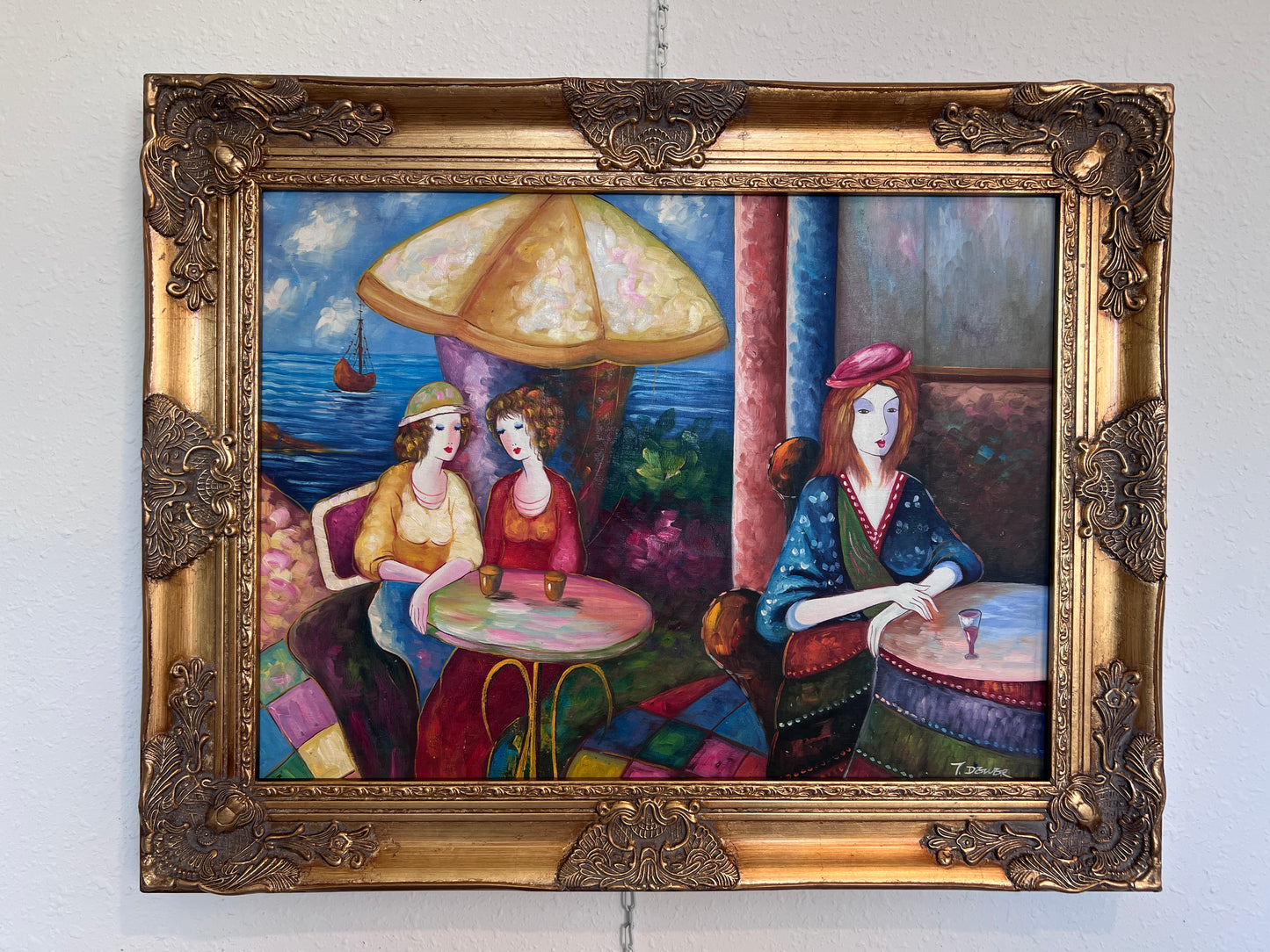 Seaside Café Scene – Figurative Impressionist Oil on canvas Signed, Ornate Frame