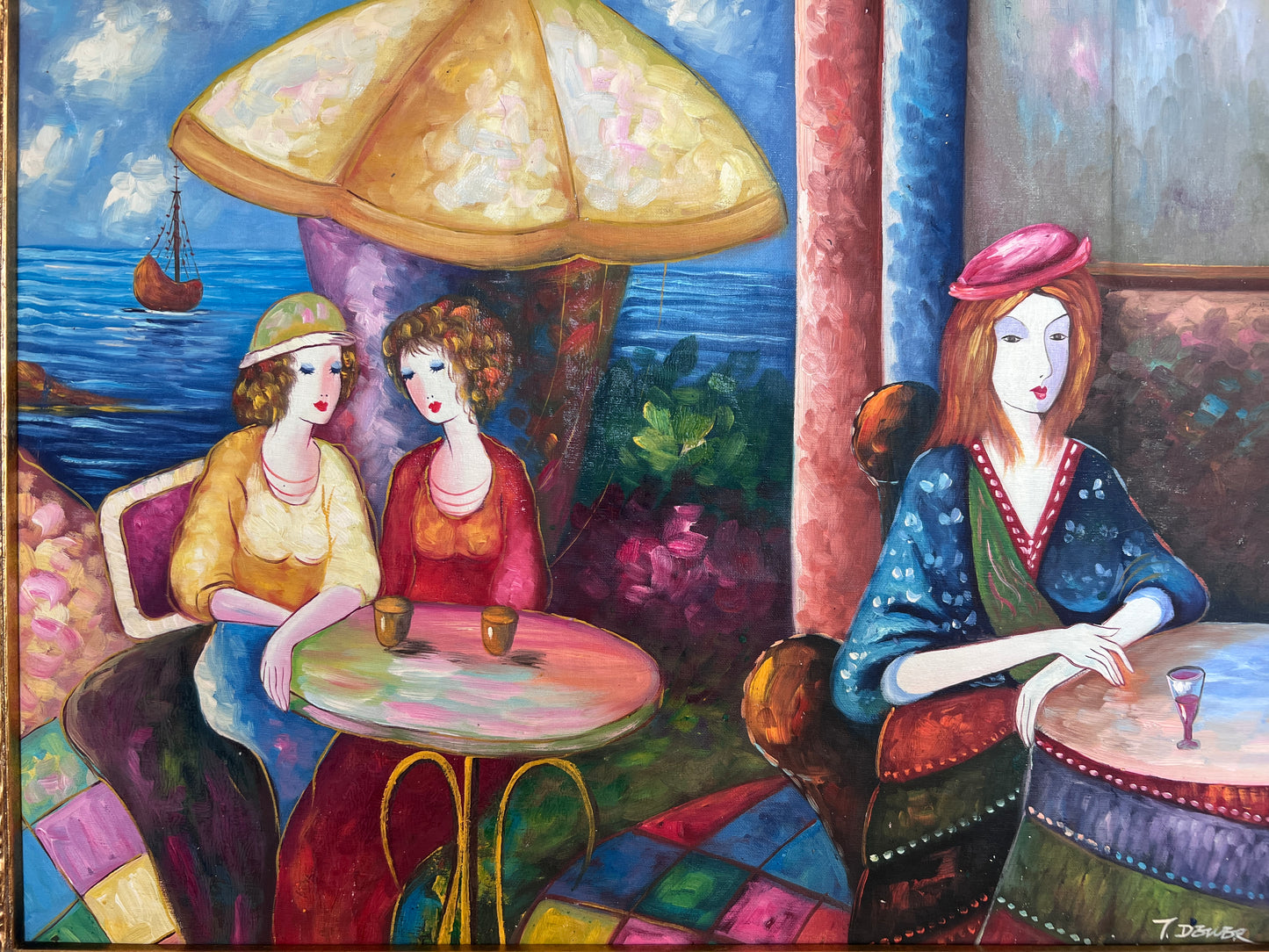 Seaside Café Scene – Figurative Impressionist Oil on canvas Signed, Ornate Frame