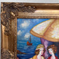 Seaside Café Scene – Figurative Impressionist Oil on canvas Signed, Ornate Frame