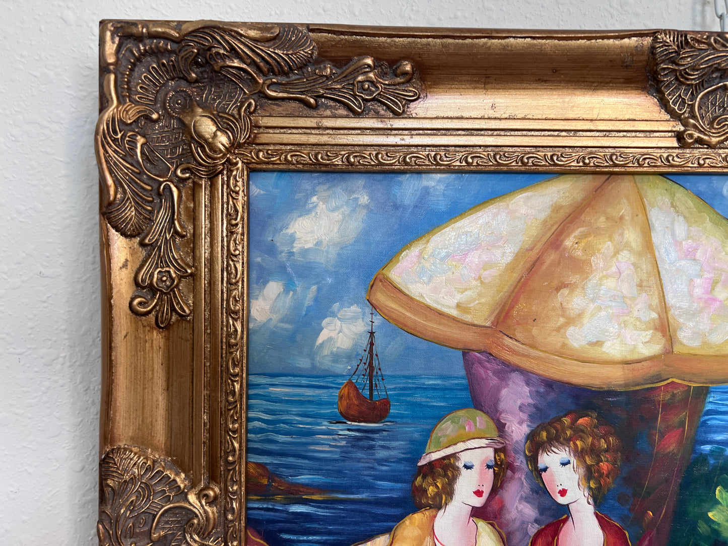 Seaside Café Scene – Figurative Impressionist Oil on canvas Signed, Ornate Frame