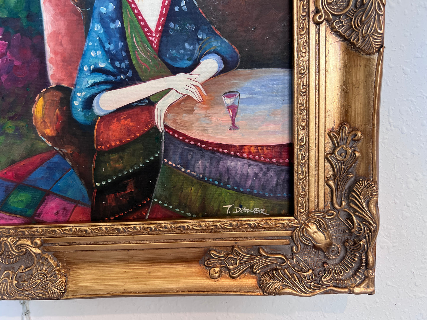 Seaside Café Scene – Figurative Impressionist Oil on canvas Signed, Ornate Frame