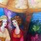 Seaside Café Scene – Figurative Impressionist Oil on canvas Signed, Ornate Frame