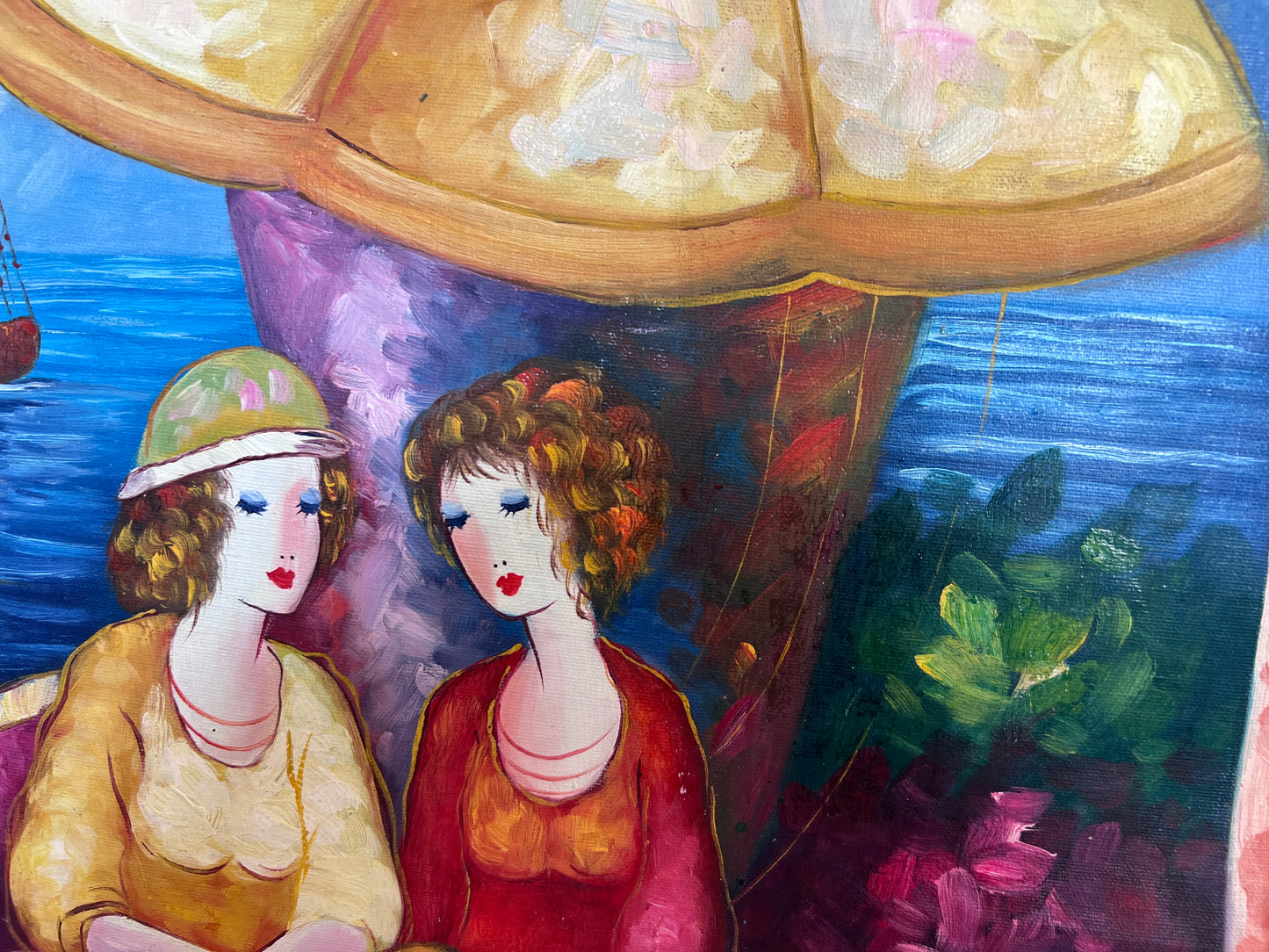 Seaside Café Scene – Figurative Impressionist Oil on canvas Signed, Ornate Frame