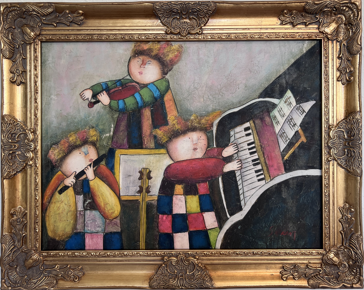 Oil Painting – Whimsical Musicians Trio – Signed, Gold Frame