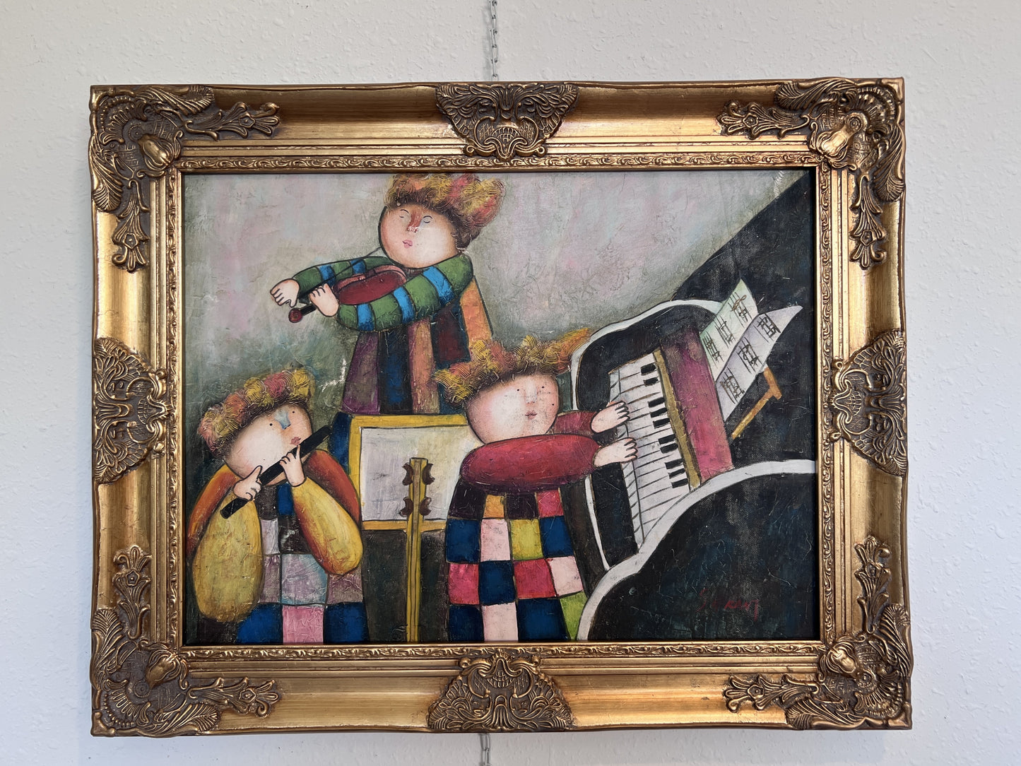 Oil Painting – Whimsical Musicians Trio – Signed, Gold Frame