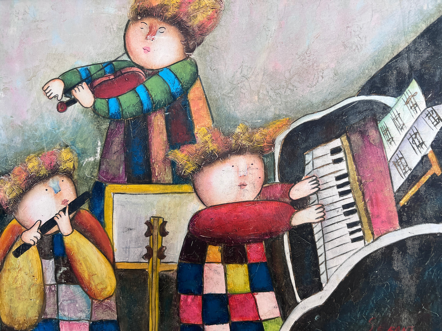 Oil Painting – Whimsical Musicians Trio – Signed, Gold Frame