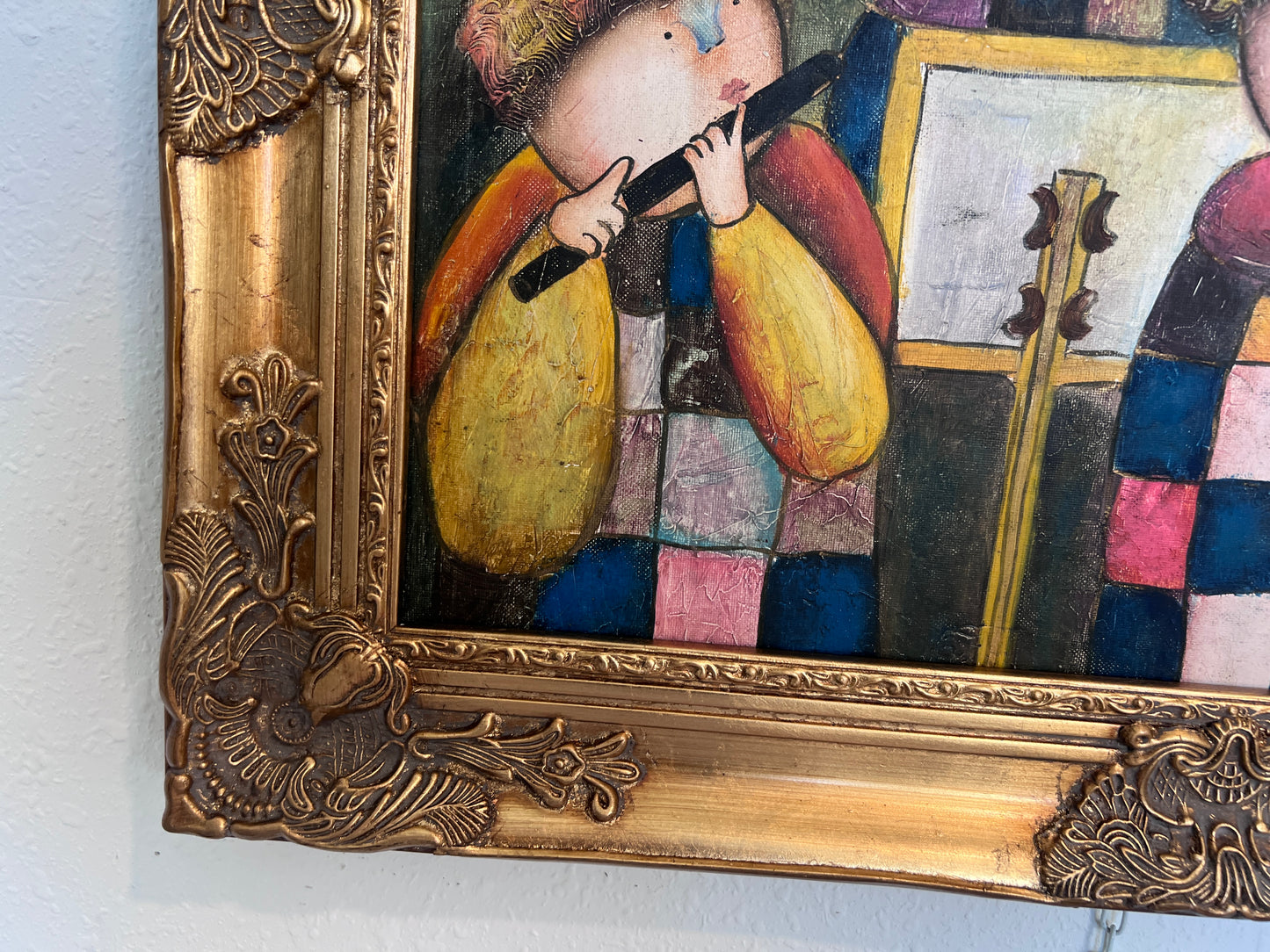 Oil Painting – Whimsical Musicians Trio – Signed, Gold Frame