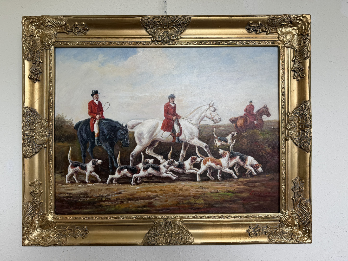 Original Fox Hunting Oil Painting Signed English Hunt Horses Hounds Framed