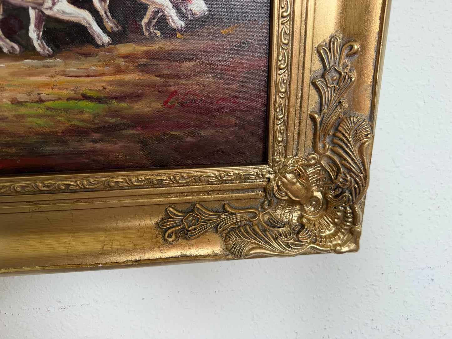 Original Fox Hunting Oil Painting Signed English Hunt Horses Hounds Framed