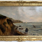 Antique 1881 Signed European Coastal Seascape Oil Painting Harbor Landscape