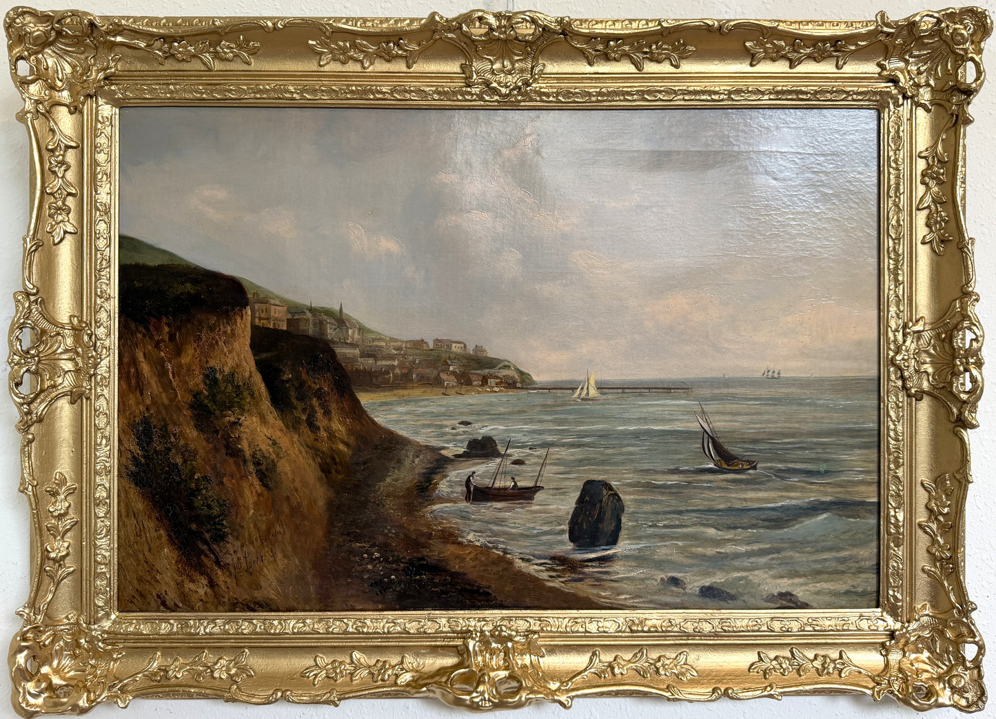 Antique 1881 Signed European Coastal Seascape Oil Painting Harbor Landscape