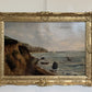 Antique 1881 Signed European Coastal Seascape Oil Painting Harbor Landscape