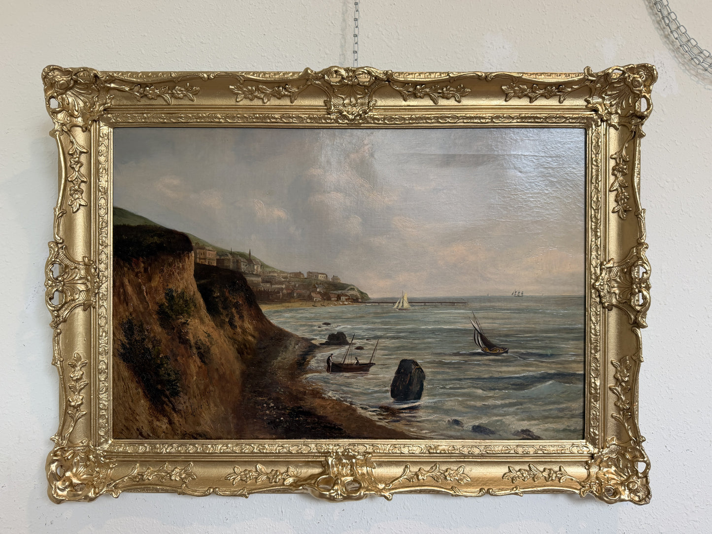 Antique 1881 Signed European Coastal Seascape Oil Painting Harbor Landscape