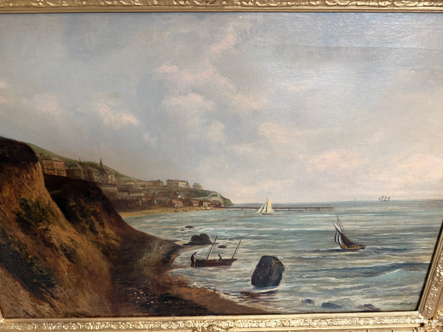 Antique 1881 Signed European Coastal Seascape Oil Painting Harbor Landscape