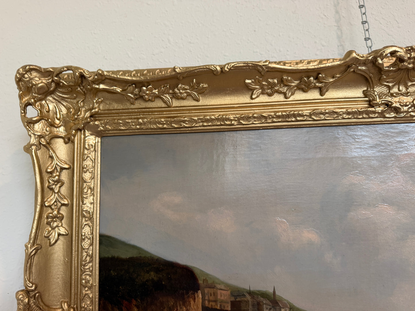 Antique 1881 Signed European Coastal Seascape Oil Painting Harbor Landscape