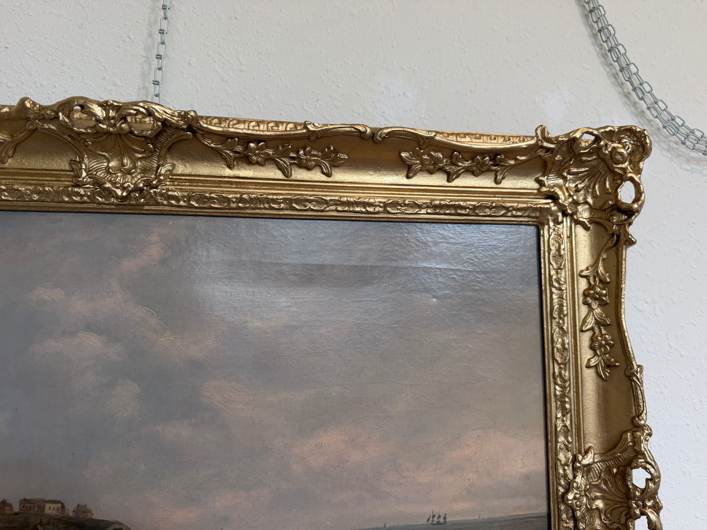 Antique 1881 Signed European Coastal Seascape Oil Painting Harbor Landscape