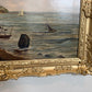 Antique 1881 Signed European Coastal Seascape Oil Painting Harbor Landscape