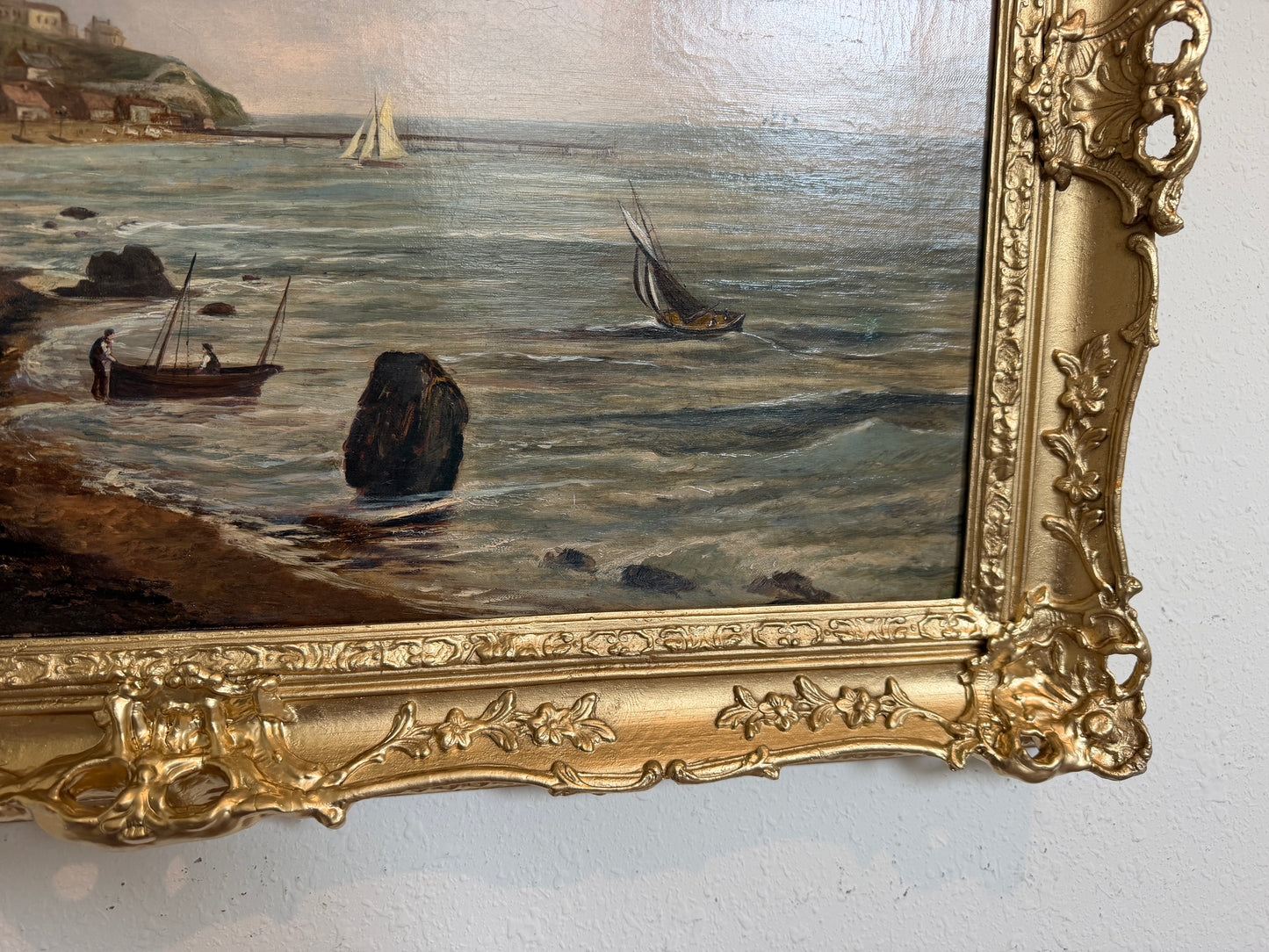 Antique 1881 Signed European Coastal Seascape Oil Painting Harbor Landscape
