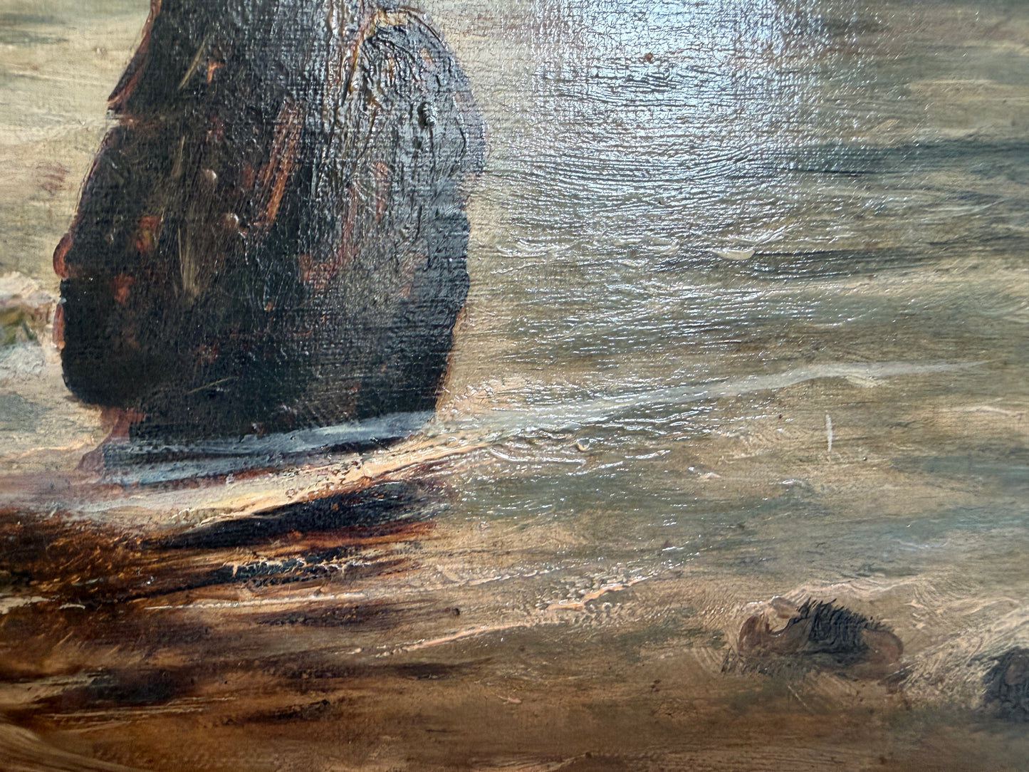 Antique 1881 Signed European Coastal Seascape Oil Painting Harbor Landscape