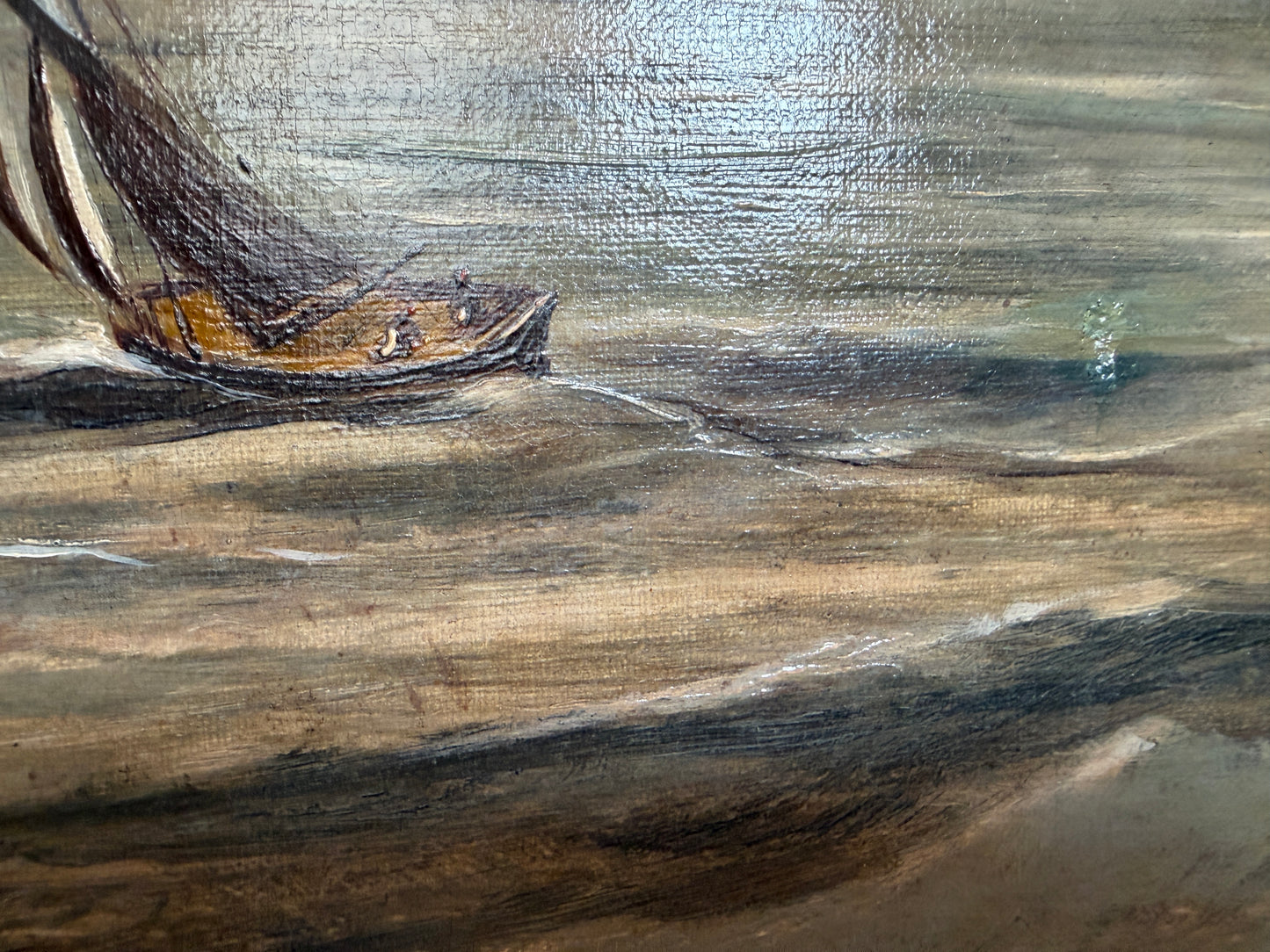 Antique 1881 Signed European Coastal Seascape Oil Painting Harbor Landscape