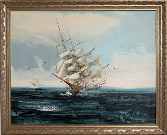 Listed Artist Hewett Jackson Original Oil Painting | Tall Ship Seascape | Framed