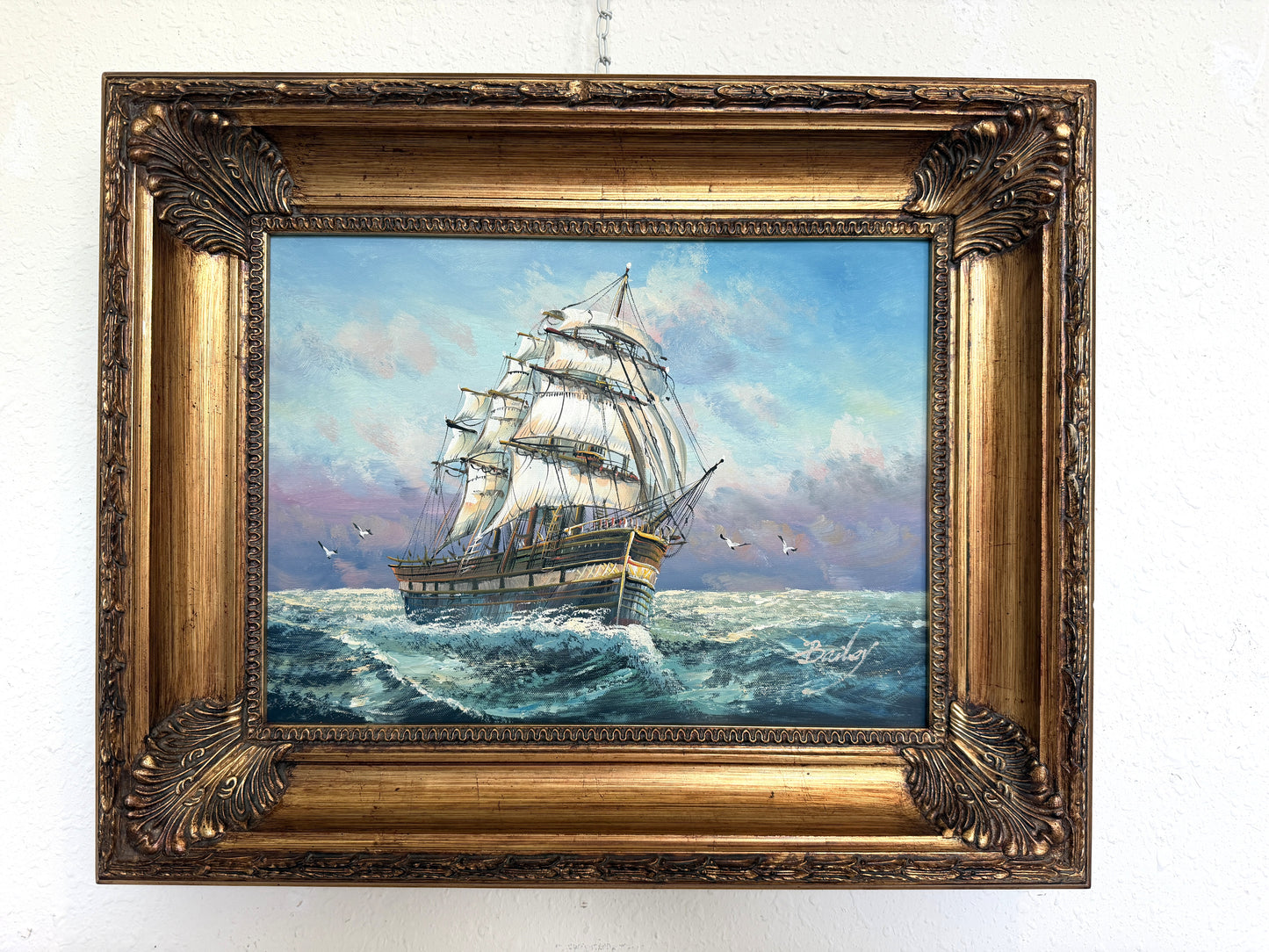 Signed Original oil painting on canvas Seascape Gold Frame Maritime Nautical Art