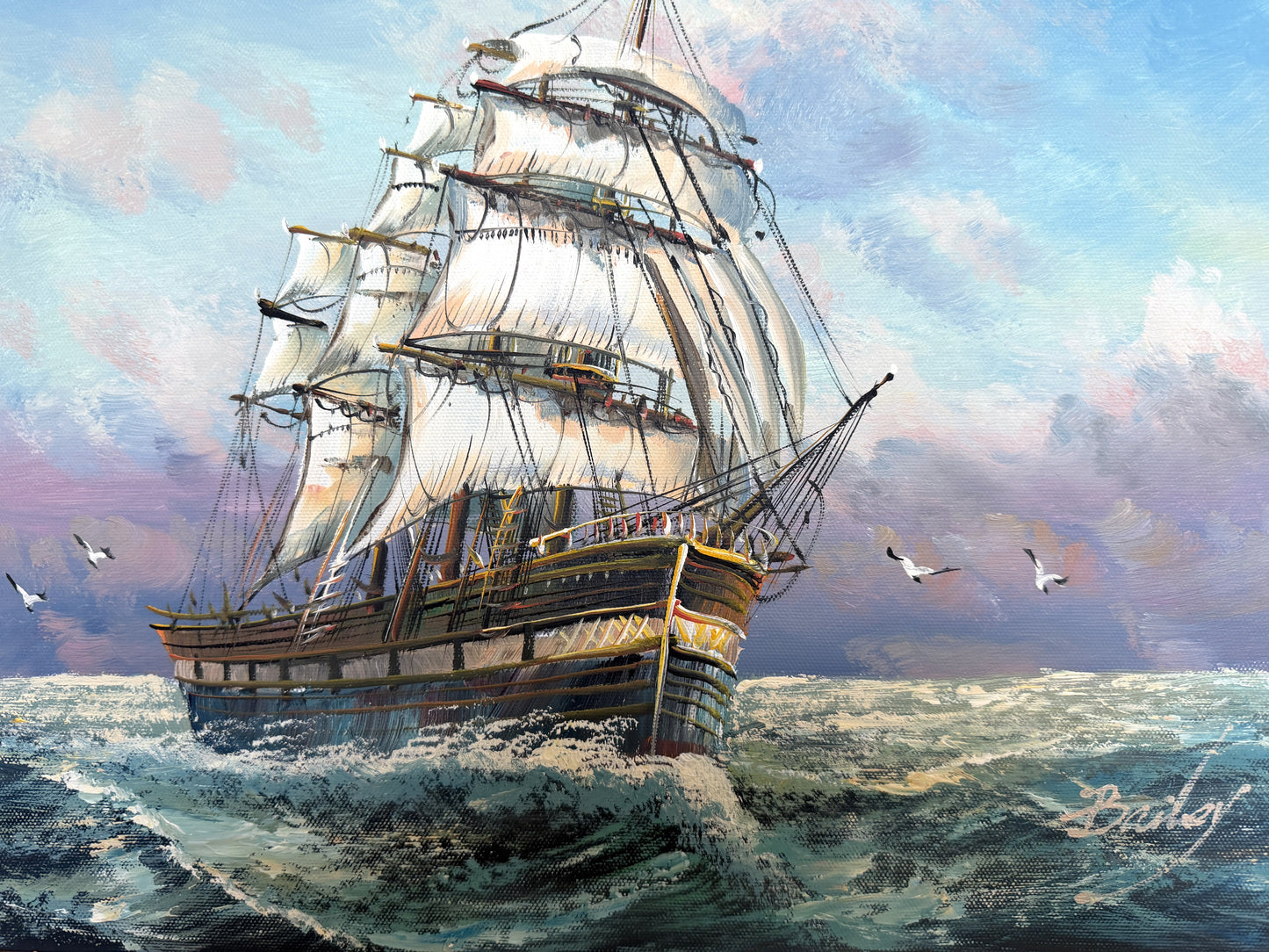 Signed Original oil painting on canvas Seascape Gold Frame Maritime Nautical Art