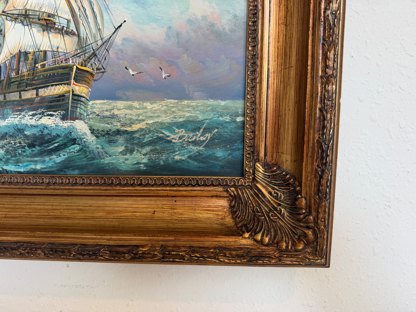 Signed Original oil painting on canvas Seascape Gold Frame Maritime Nautical Art