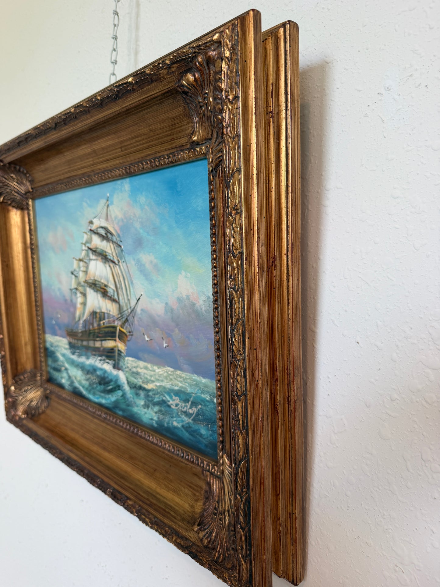 Signed Original oil painting on canvas Seascape Gold Frame Maritime Nautical Art