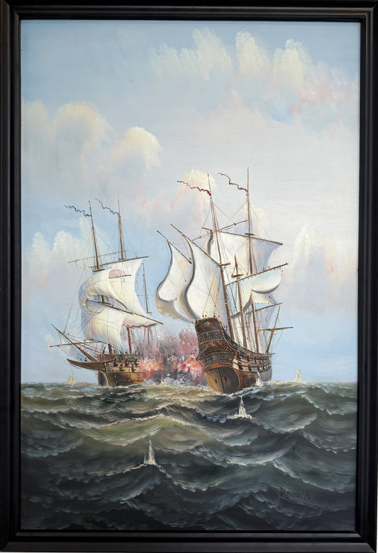 Large Maritime Naval Battle Oil Painting Signed K. Bosen Sailing Ships Seascape