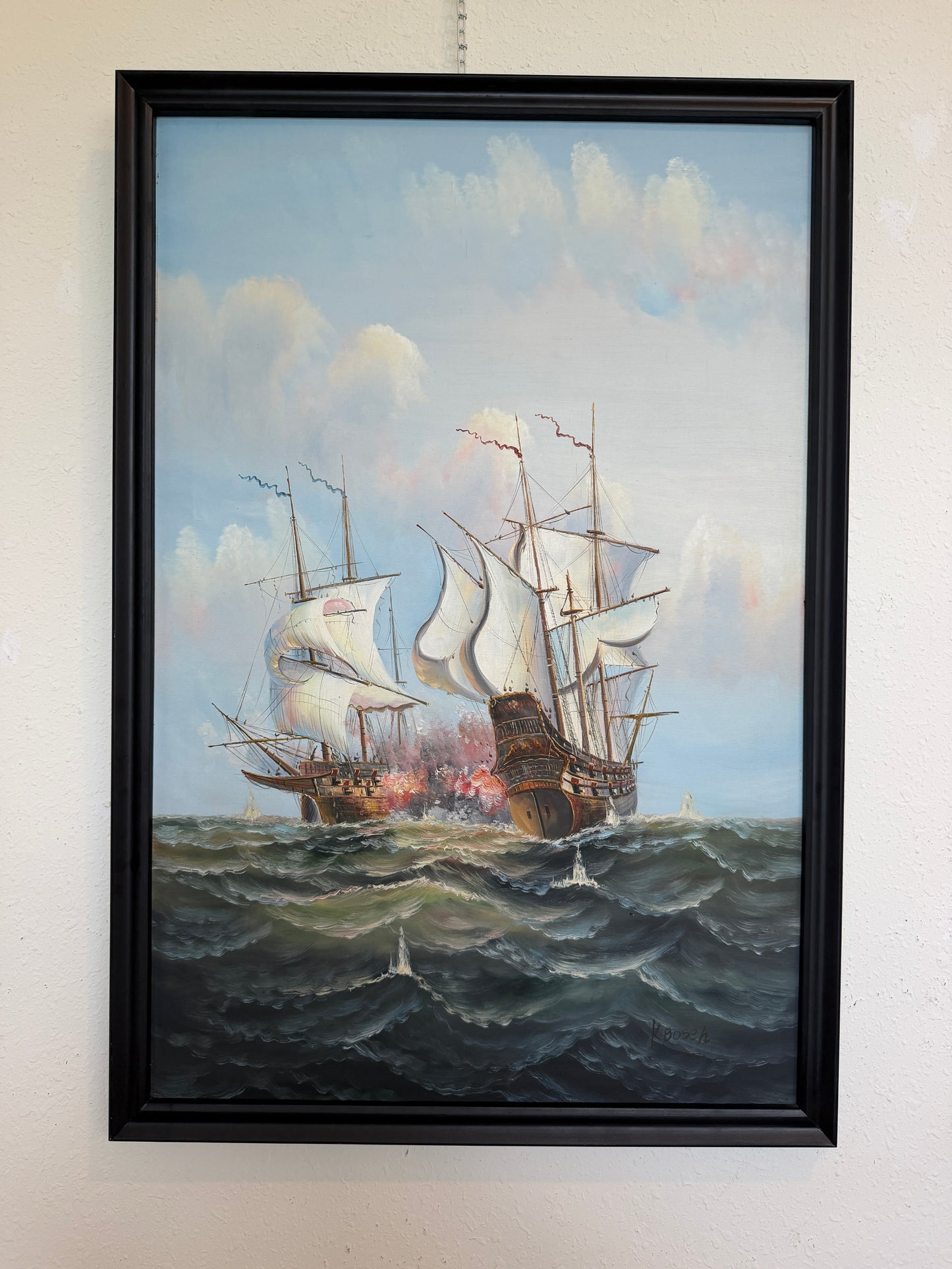 Large Maritime Naval Battle Oil Painting Signed K. Bosen Sailing Ships Seascape
