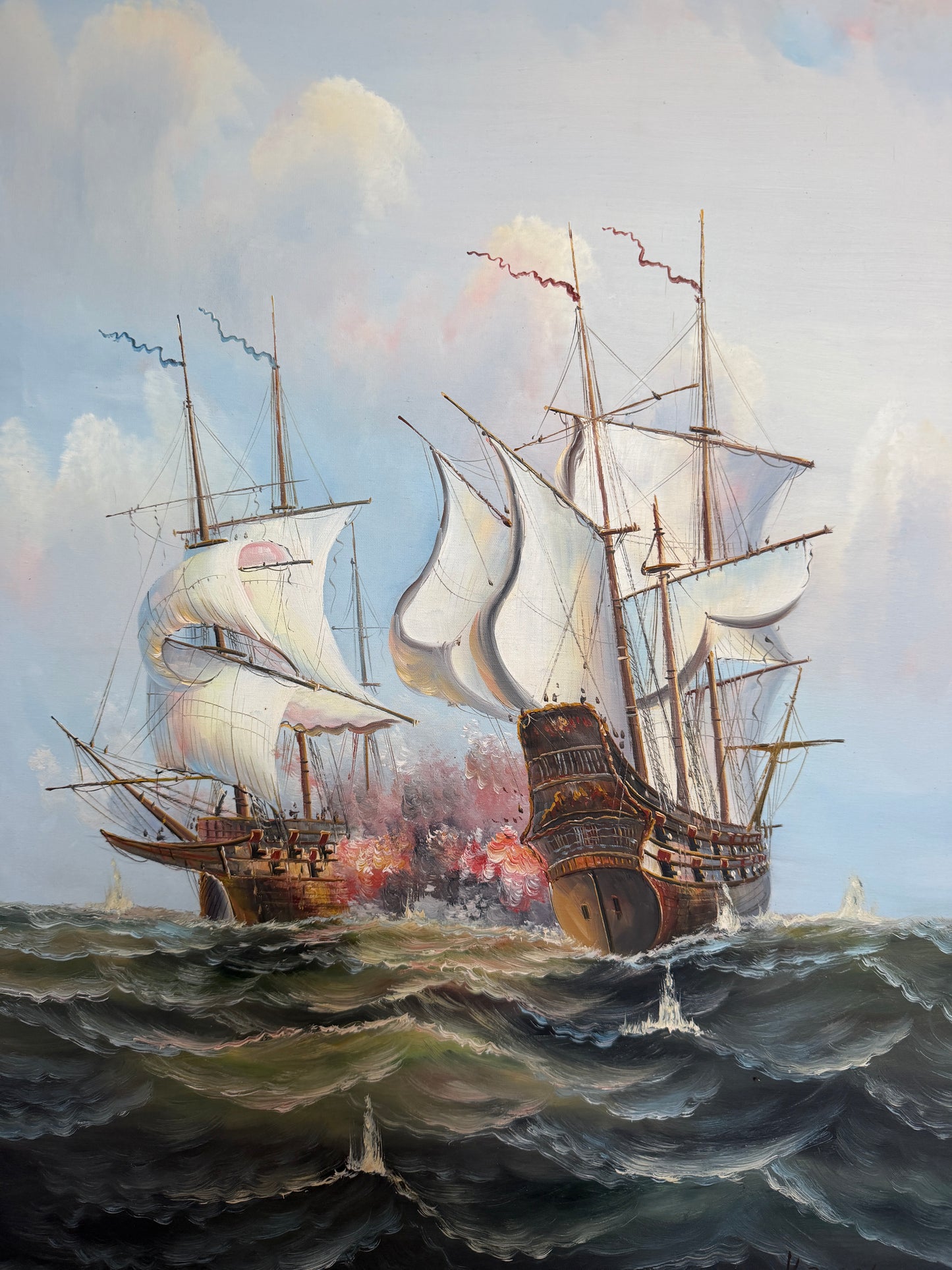 Large Maritime Naval Battle Oil Painting Signed K. Bosen Sailing Ships Seascape